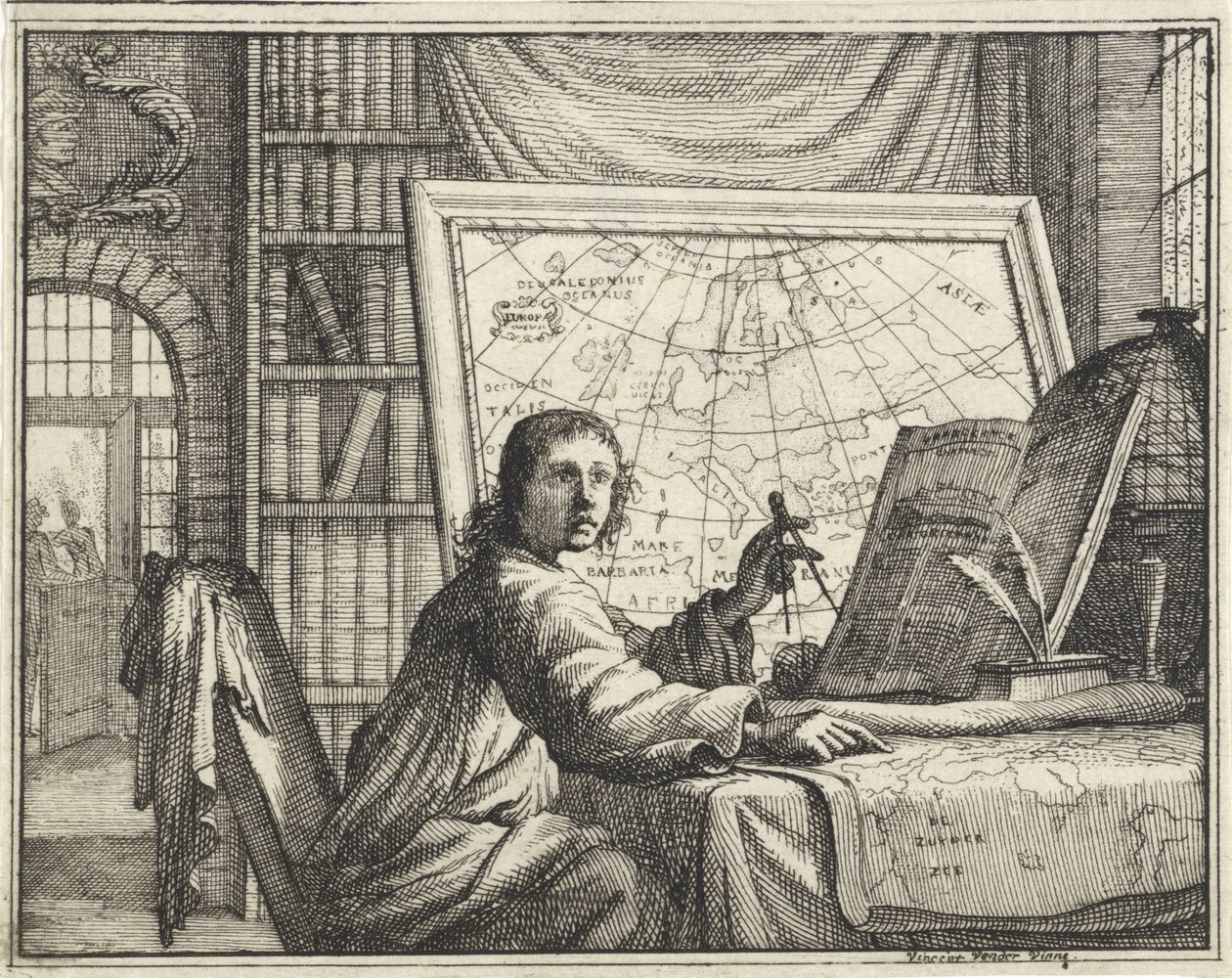 Homem com bússola em mapas de Vincent Laurensz. van der Vinne (II)