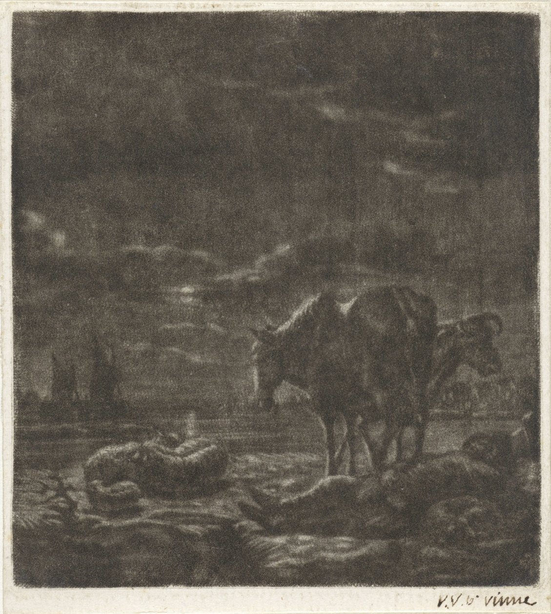 Paisagem noturna com pastor e gado dormindo de Vincent Laurensz. van der Vinne (II)