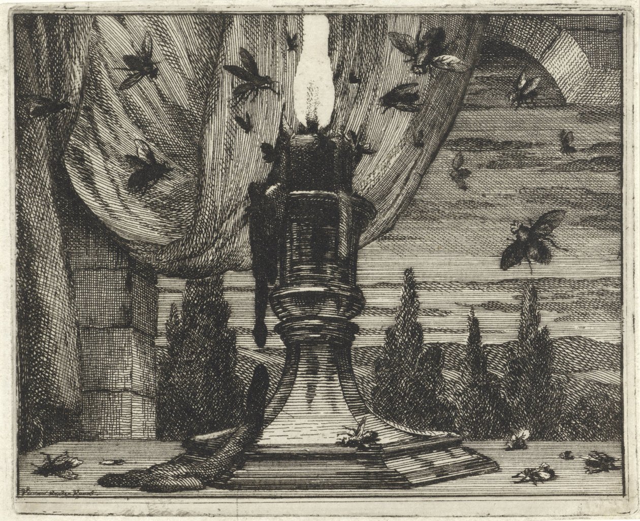 As moscas são atraídas pela luz de uma vela de Vincent Laurensz. van der Vinne (II)