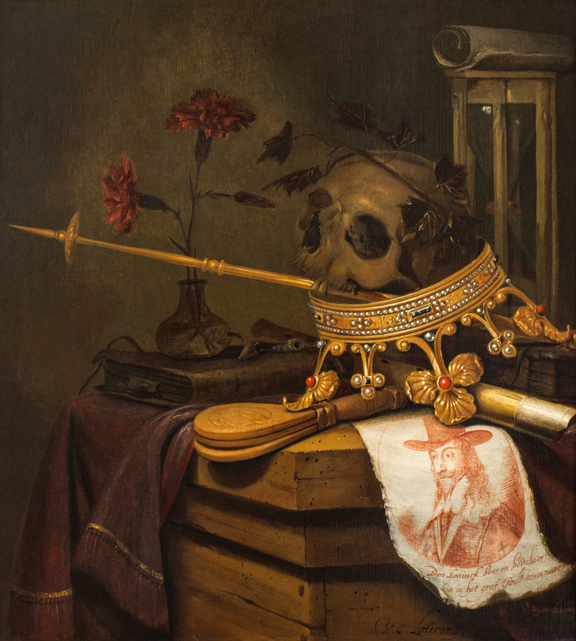 Uma Vanitas ainda vida com caveira, coroa, cetro, flauta, fole, ampulheta, cravos em um vaso de vidro, pergaminho, livro e um retrato gravado de Carlos I de Vincent Laurensz van der Vinne