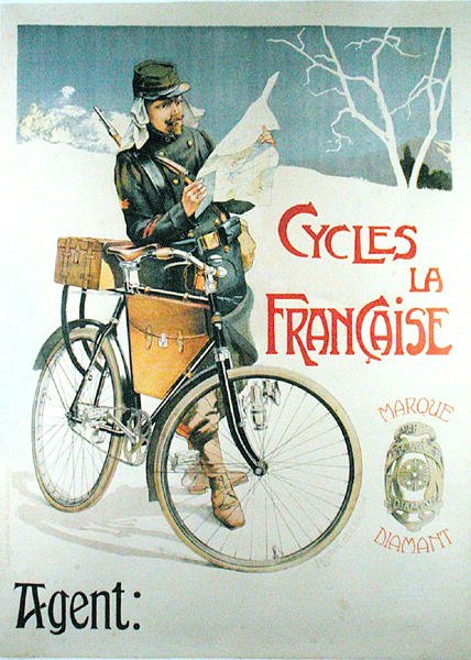 Soldado com sua bicicleta lendo um mapa, cartaz anunciando as bicicletas 