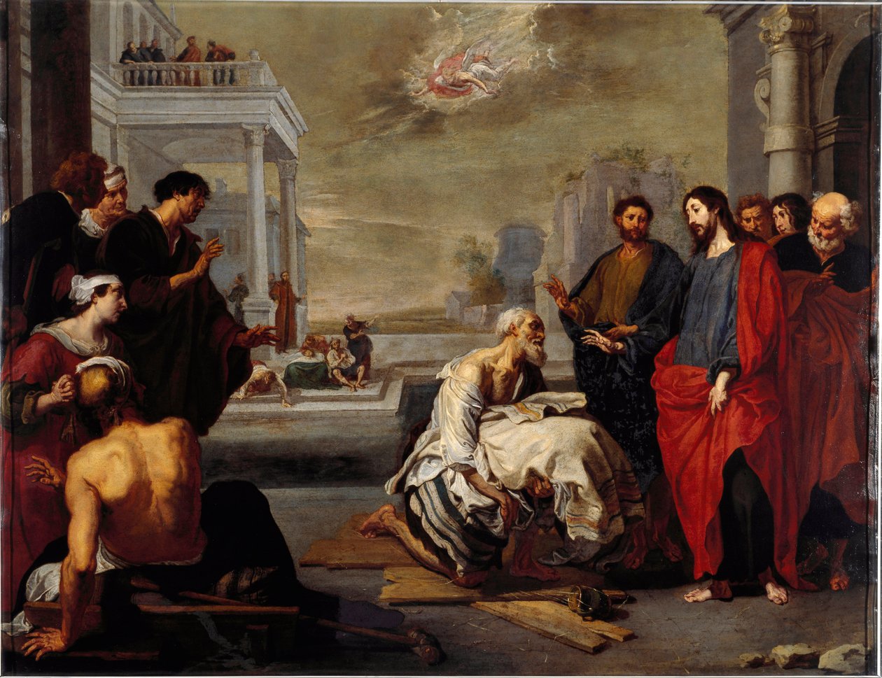 Jesus milagrosamente guerreou um paralítico em Capharnaeum Painting de Vincent Malo (ca. 1600-1650). Genes, Galleria Nazionale di Palazzo Spinola Itália de Vincent Malo