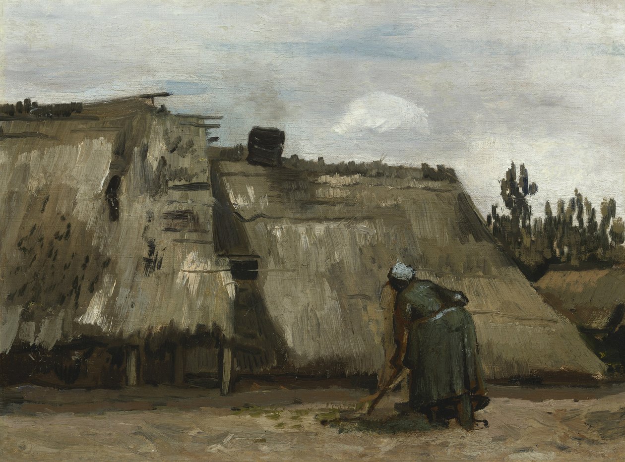 Uma camponesa cavando na frente de sua casa de campo, c.1885 de Vincent van Gogh