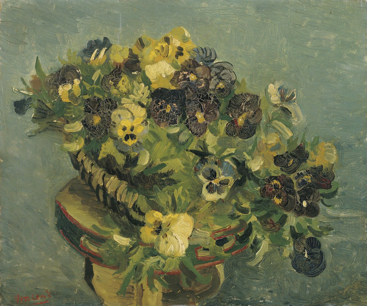 Cesto de violetas numa mesinha de Vincent van Gogh