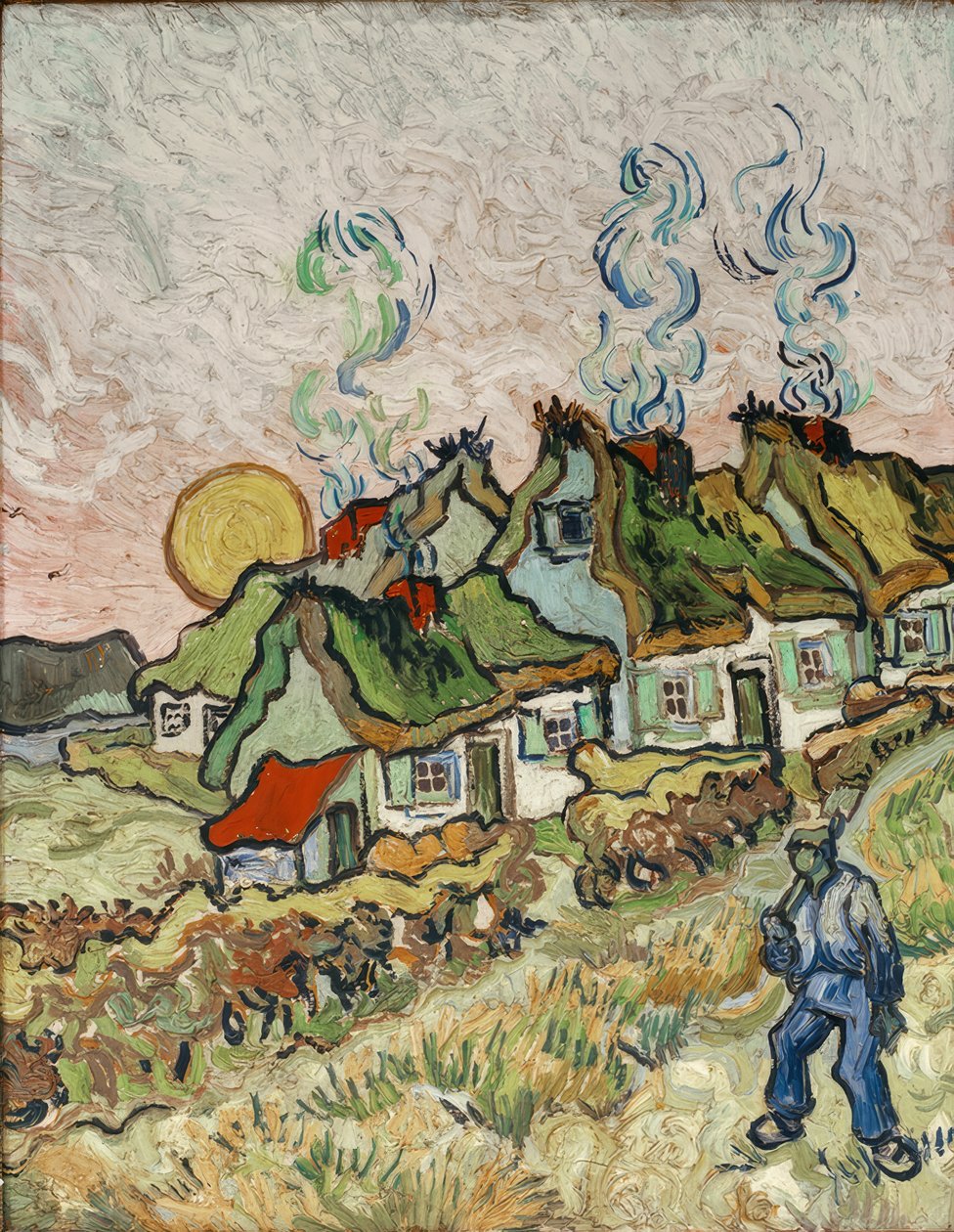 Casas de fazenda ao pôr do sol de Vincent van Gogh