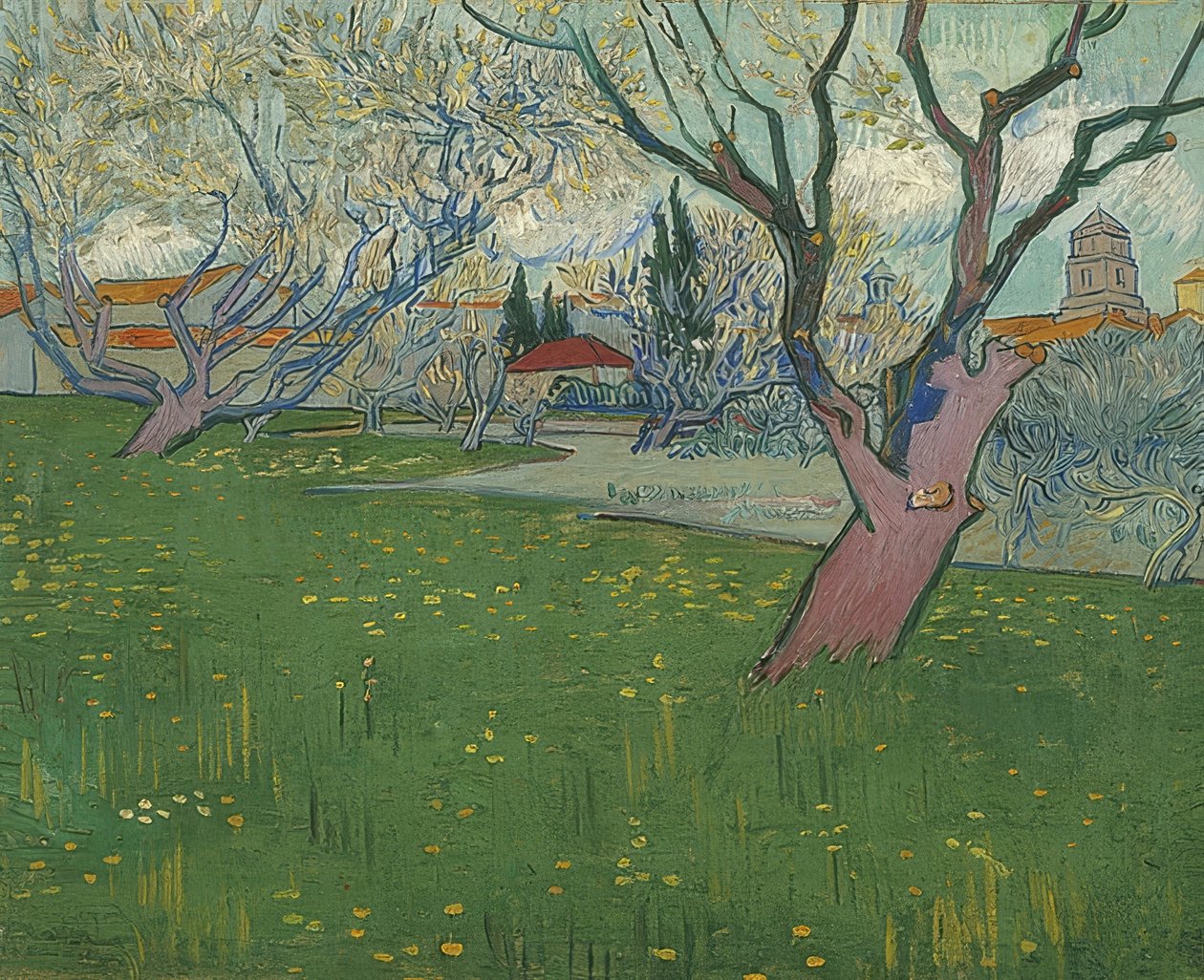 Pomar em flor com vista para Arles. 1889 de Vincent van Gogh