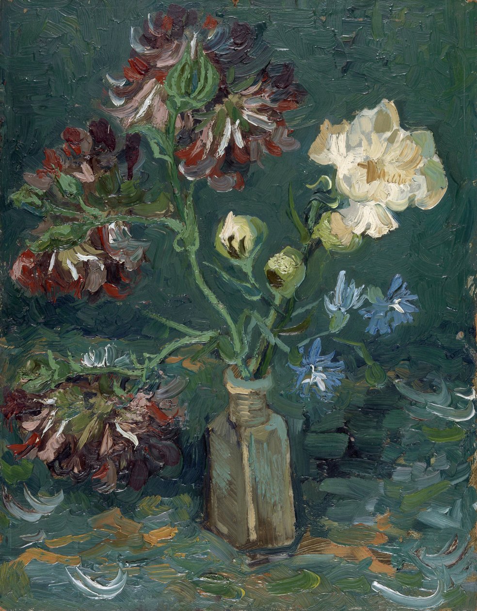 Garrafa com Peonies e Blue Delphiniums (bouteille avec pivoine et delphinium bleu) par Gogh, Vincent, van (1853-1890). Óleo sobre papelão, tamanho : 34,5x27 de Vincent van Gogh