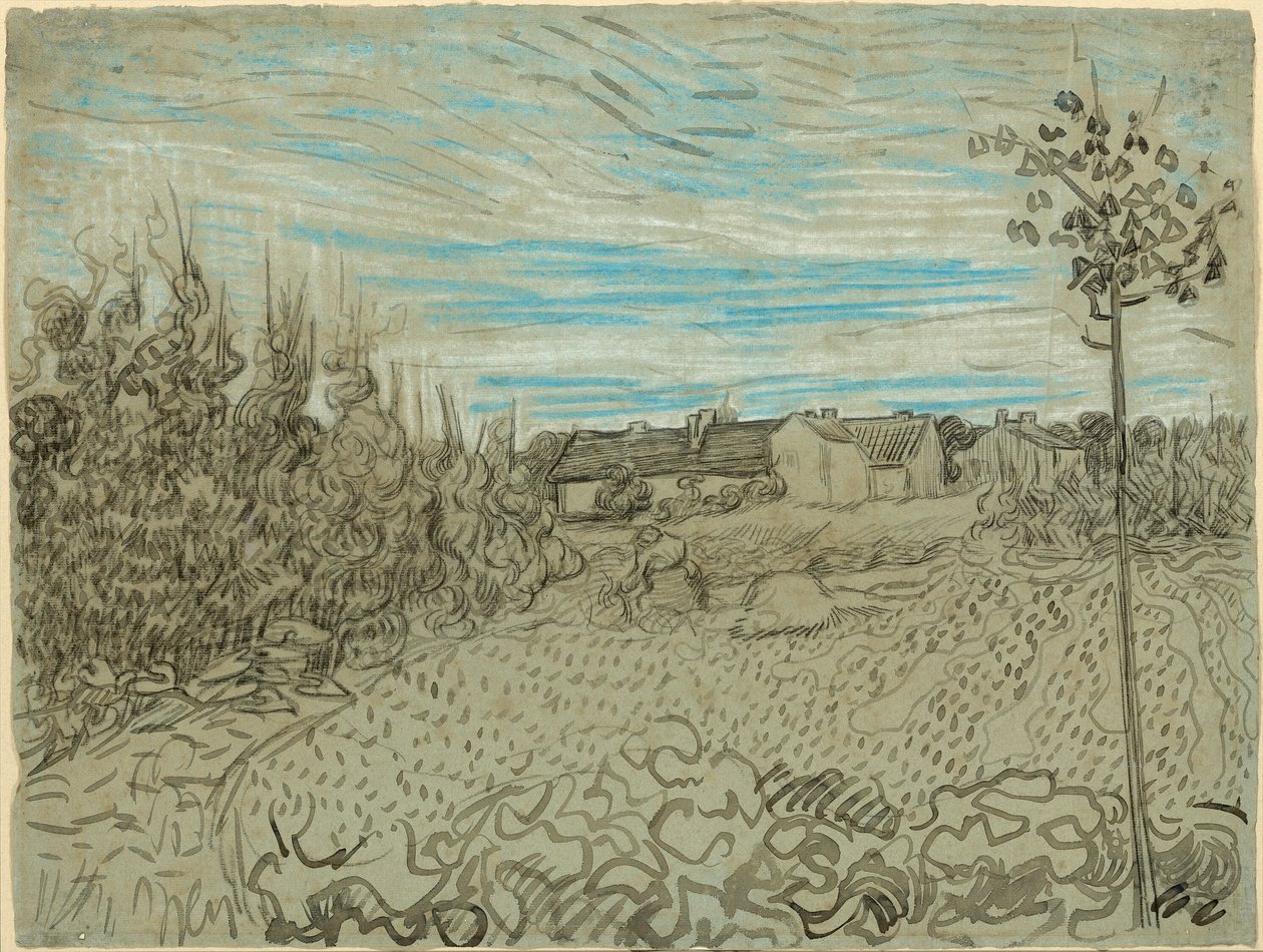 Casas de campo com uma mulher a trabalhar no meio do terreno de Vincent van Gogh