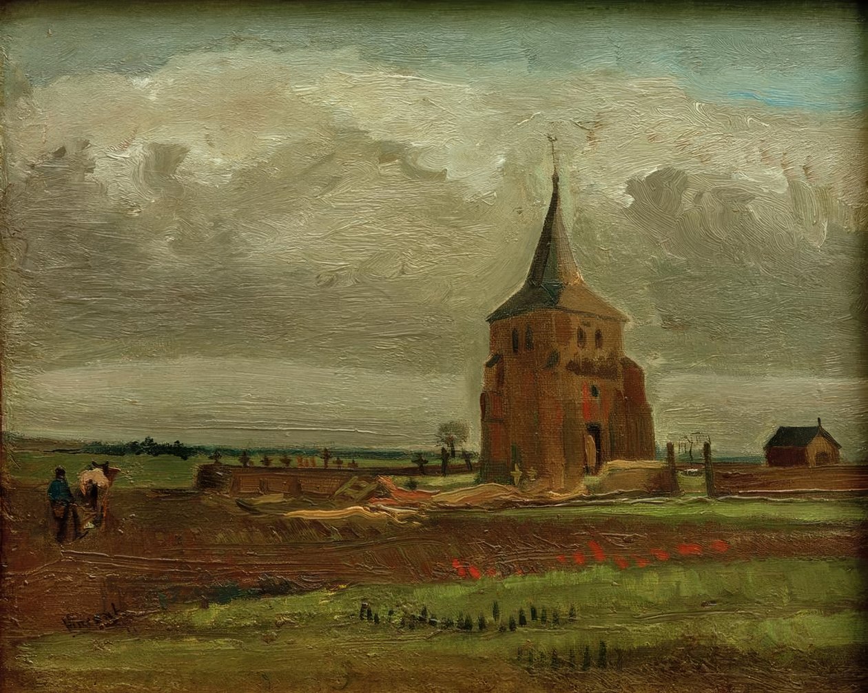 A antiga torre do cemitério em Nuenen com arado agricultor de Vincent van Gogh