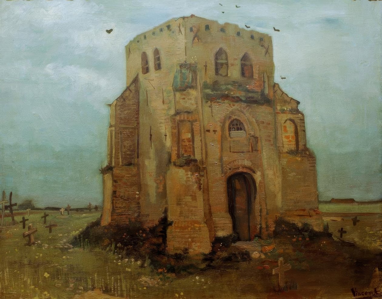A torre da igreja velha para Nuenen, o cemitério agrícola de Vincent van Gogh
