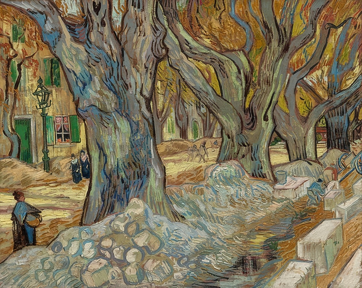 Os grandes plátanos (trabalhadores rodoviários em Saint-Rémy). 1889 de Vincent van Gogh
