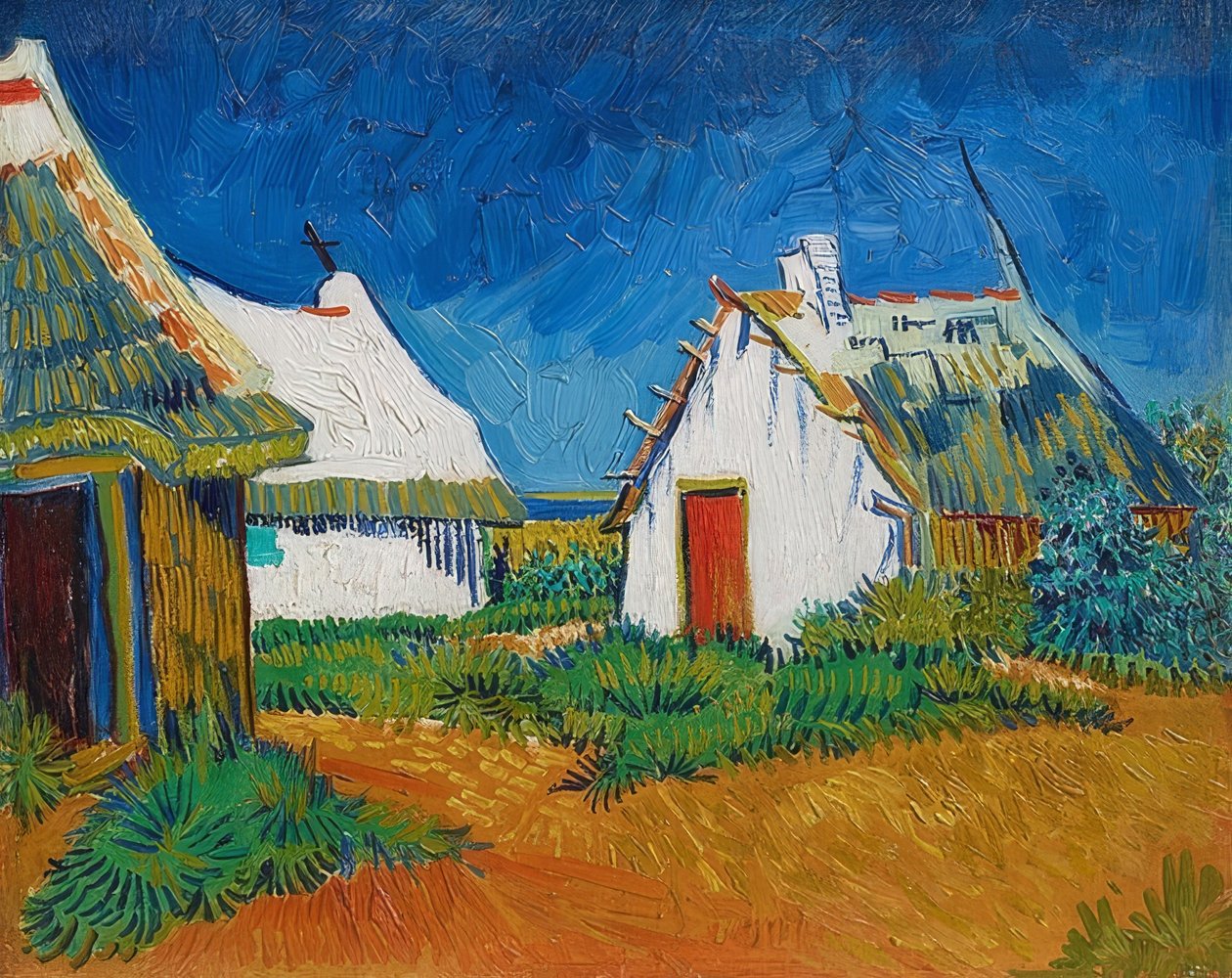 Drei weiße Hütten em Saintes-Maries (cabanas brancas em Saintes-Maries). 1888 de Vincent van Gogh