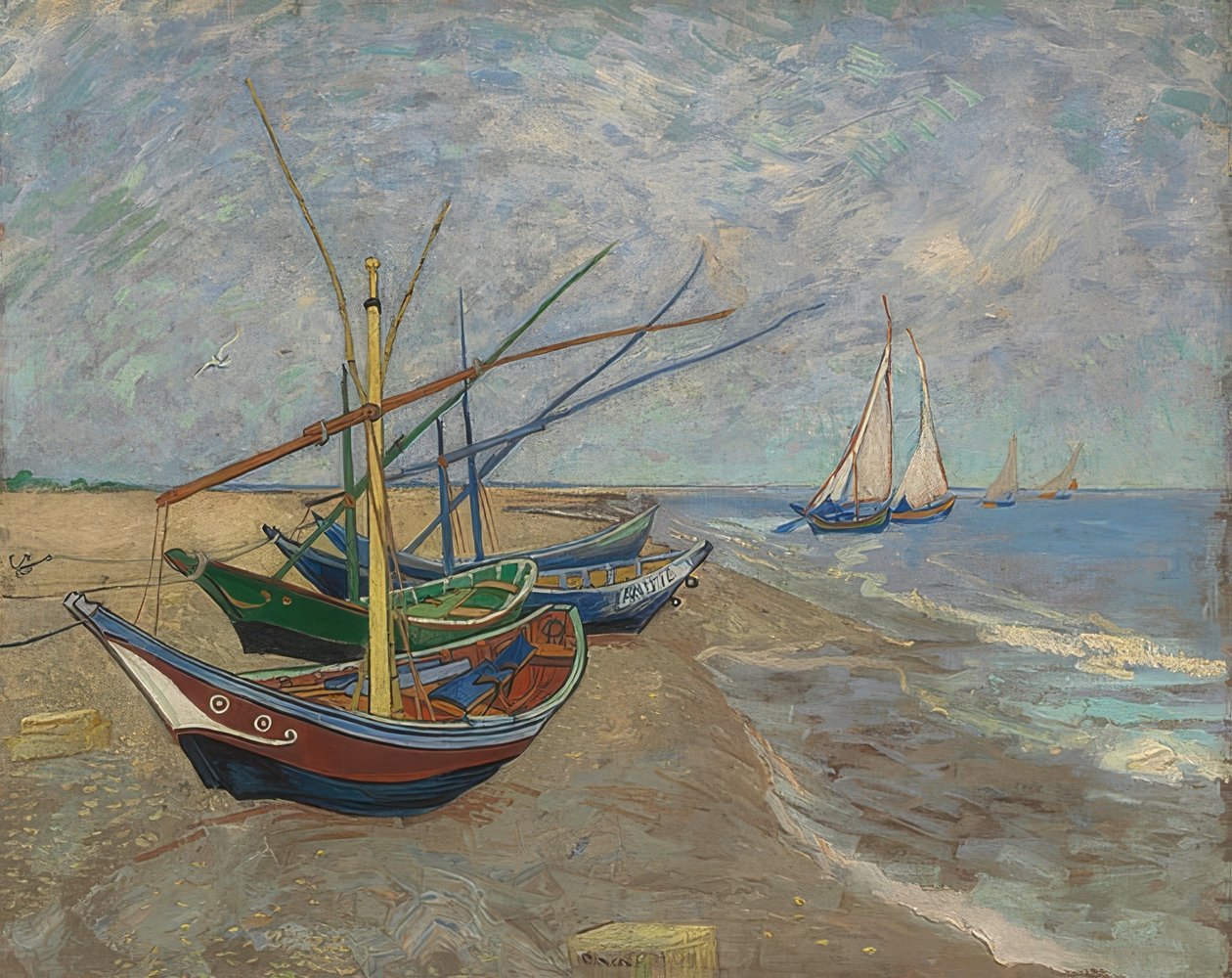 Barcos de pesca na praia de Les Saintes-Maries-de-la-Mer. Arles, junho de 1888 de Vincent van Gogh