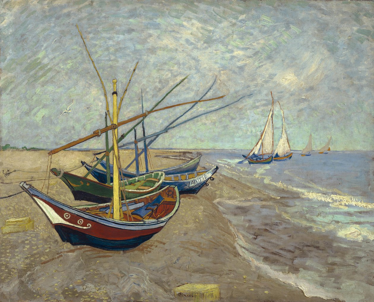 Barcos de pesca na praia de Saintes-Maries-de-la-Mer de Vincent van Gogh