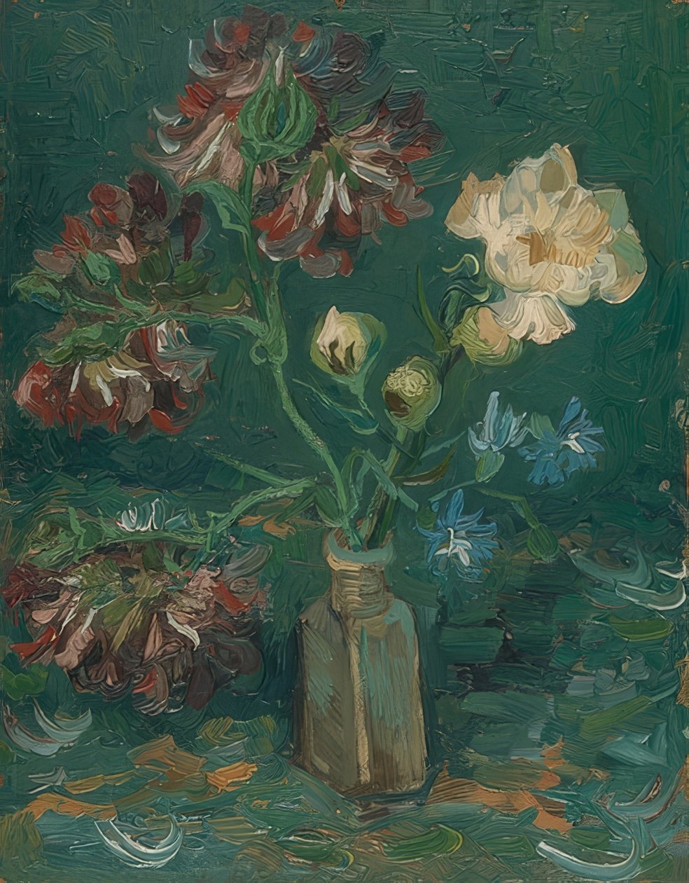 Garrafa com peônias e delfínio. 1886 de Vincent van Gogh