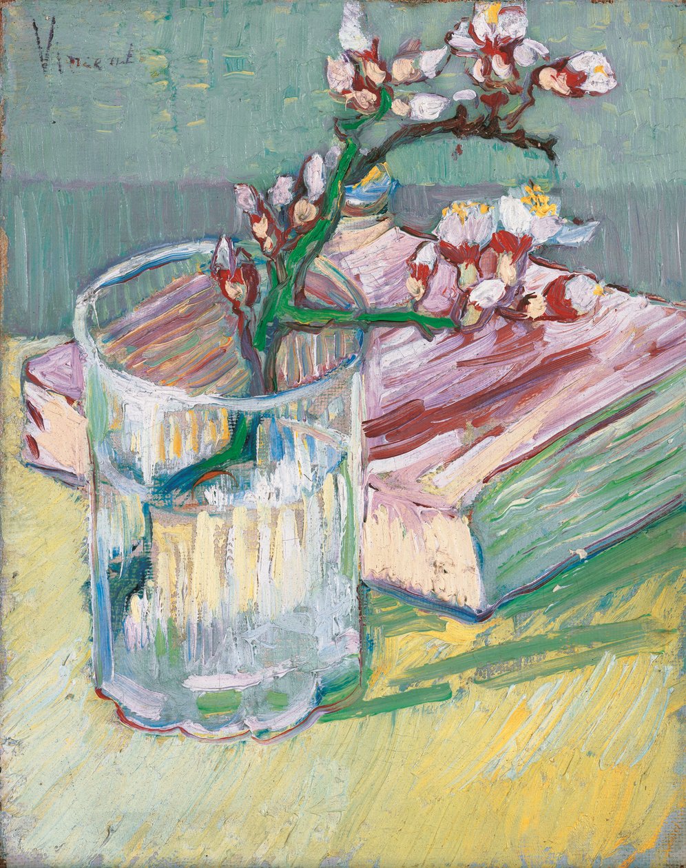 Ramo de amêndoa em um copo com um livro, 1888 de Vincent van Gogh