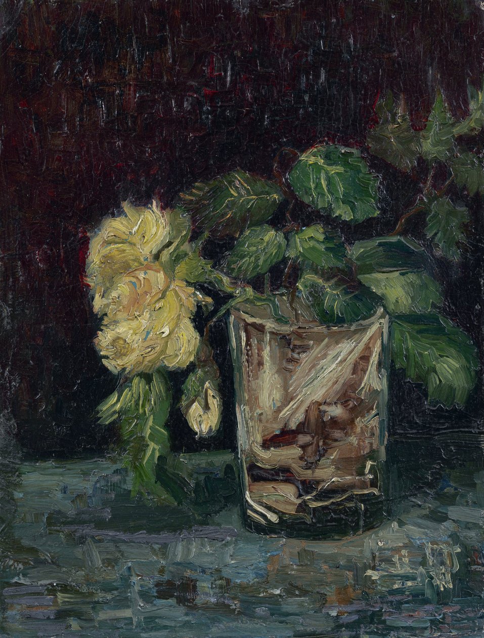 Vidro com Rosas Amarelas (verre avec roses jaunes) par Gogh, Vincent, van (1853-1890). Óleo sobre papelão, tamanho : 35x27 de Vincent van Gogh