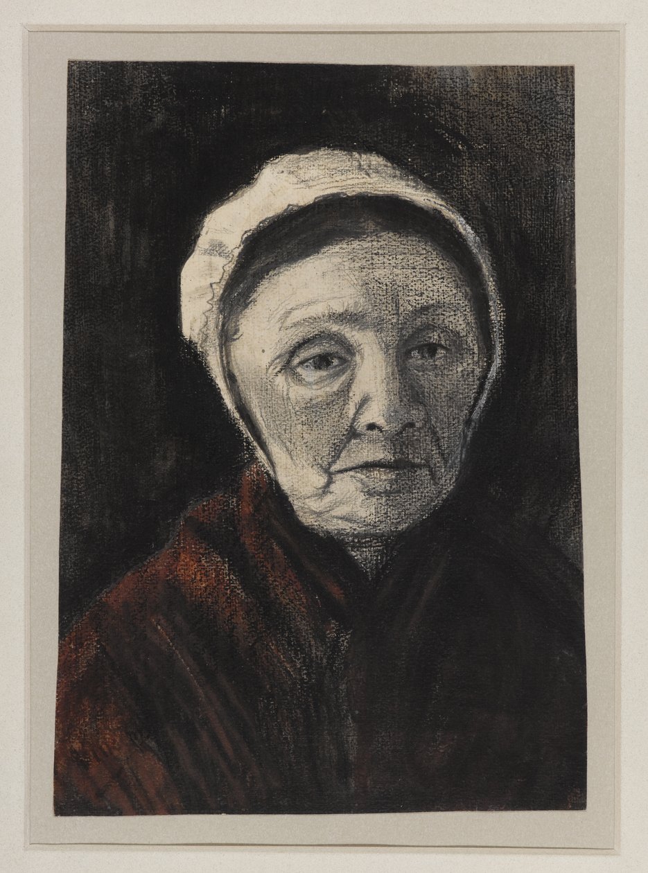 Cabeça de uma mulher idosa em um boné de Scheveninger, 1882-83 (carvão vegetal, giz preto e marrom sobre papel) de Vincent van Gogh