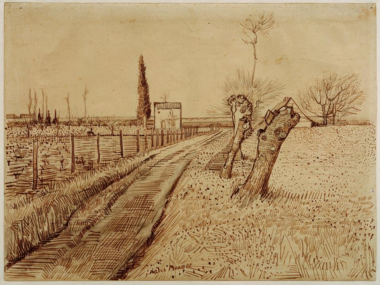 Paisagem com salgueiros de caminho e descornado de Vincent van Gogh