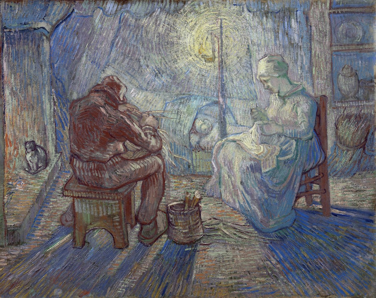 "Noite" (Noite) Família Camponesa em um Interior - Pintura de Vincent van Gogh (1853-1890) após Millet de Vincent van Gogh