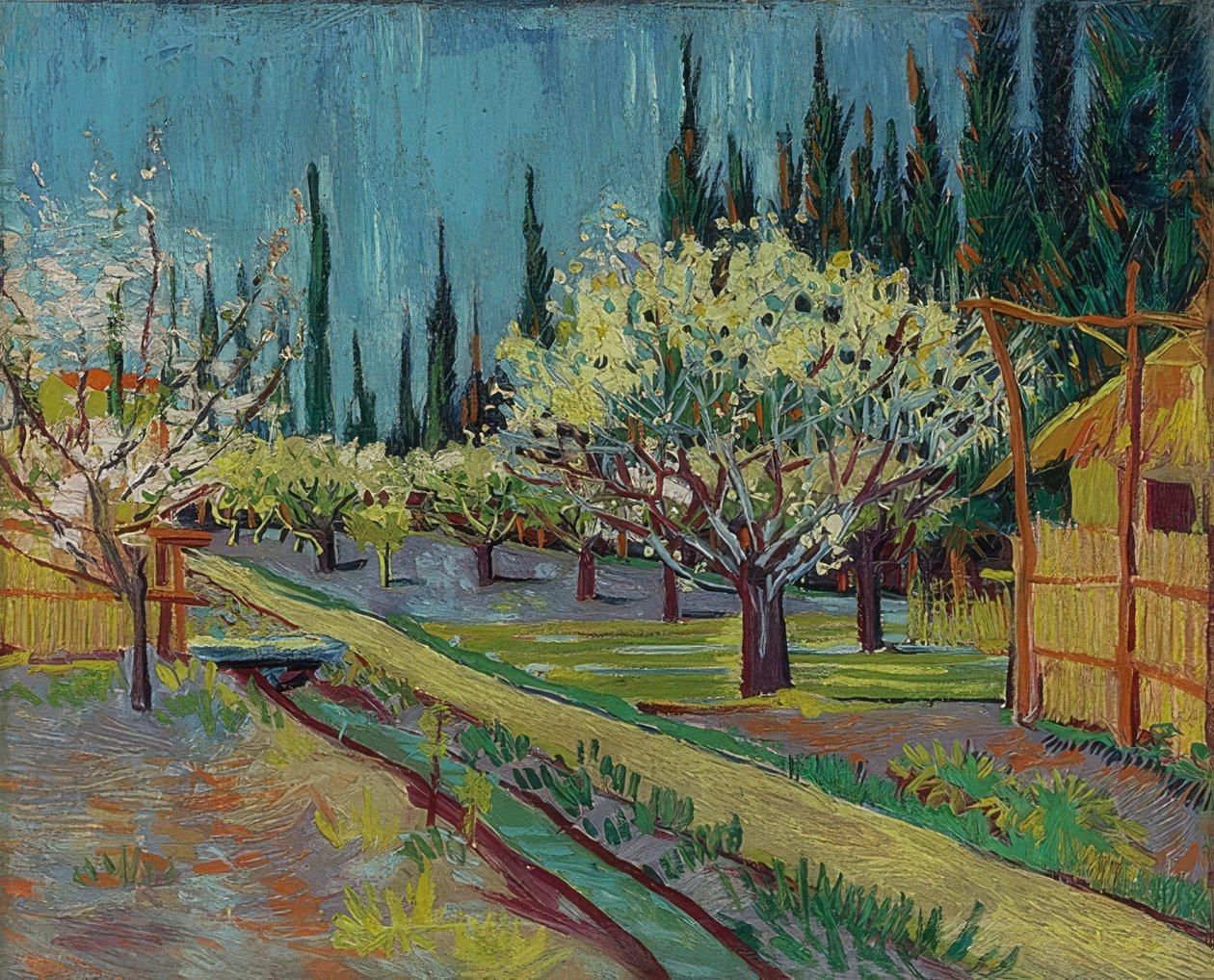 Pomar cercado por ciprestes. 1888 de Vincent van Gogh
