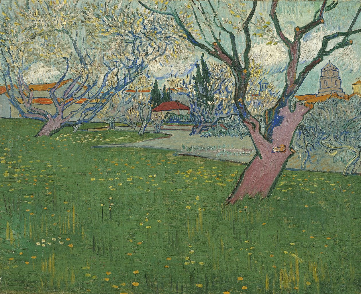 Pomares em flor, vista de Arles de Vincent van Gogh