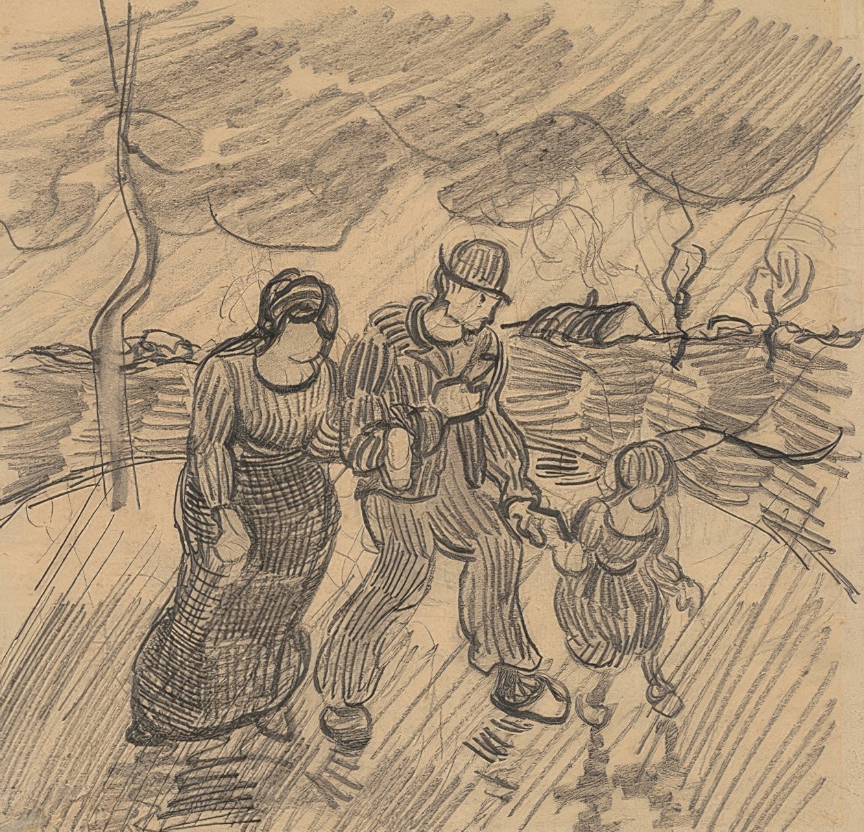 Casal com criança em uma rua na chuva. 1890 de Vincent van Gogh