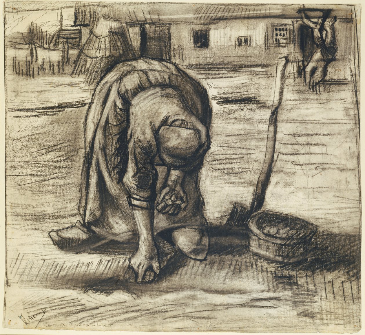 Mulher camponesa a plantar batatas, c.1885 (giz preto e carvão sobre papel) de Vincent van Gogh