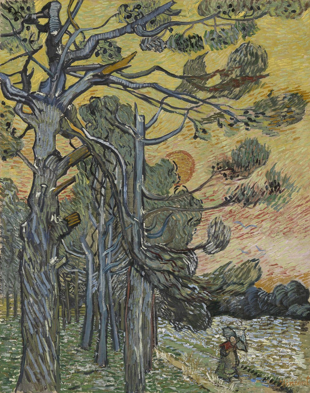 Pinheiros ao pôr do sol de Vincent van Gogh