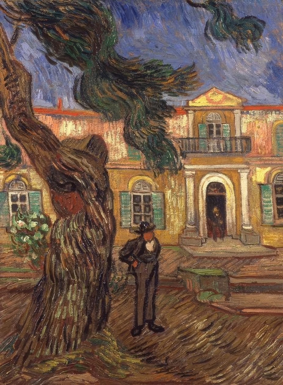 Pinheiro e figura em frente ao Hospital Saint-Paul de Vincent van Gogh