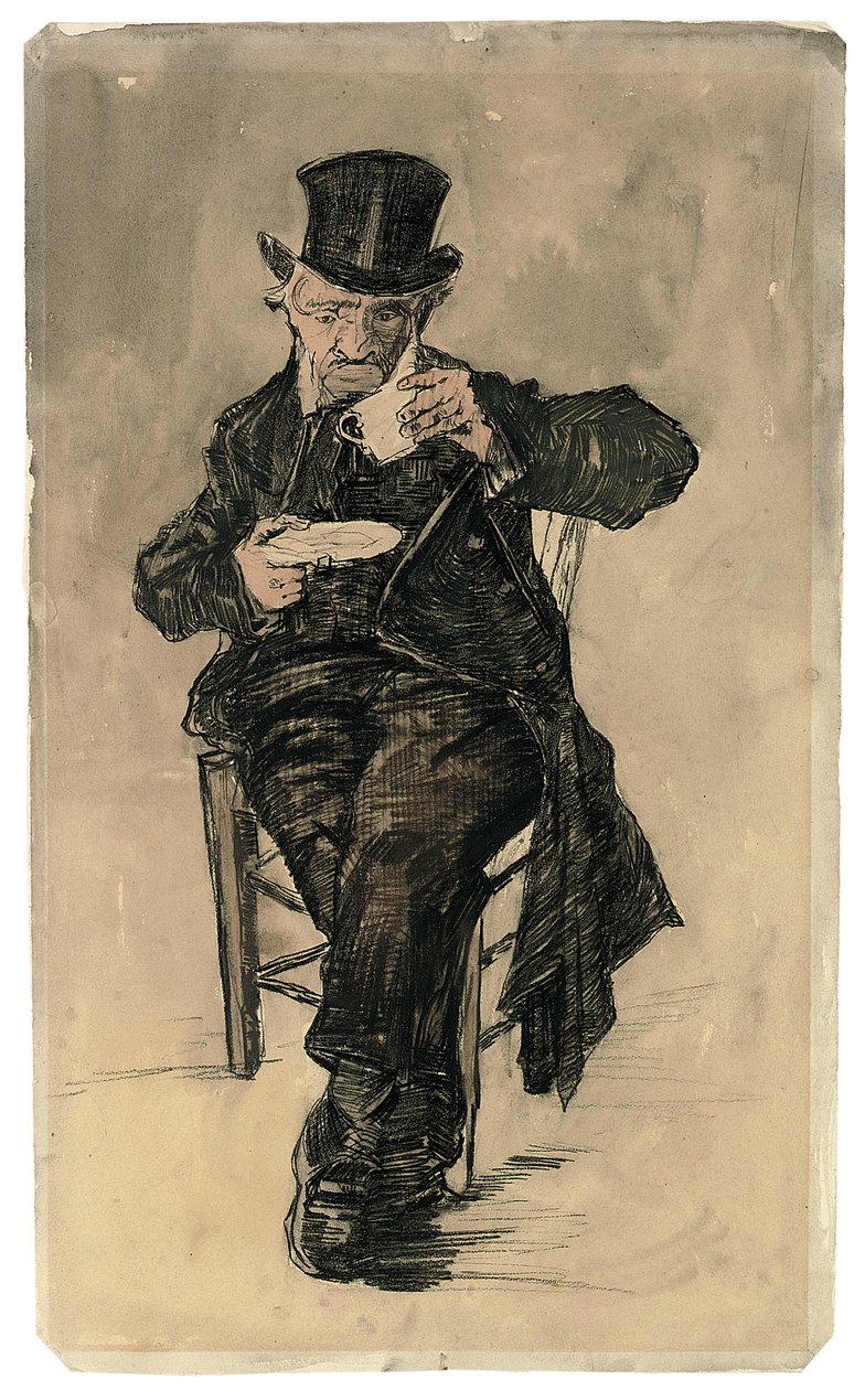 Morador de um asilo de pobres com cartola a beber uma chávena de café, 1882 de Vincent van Gogh