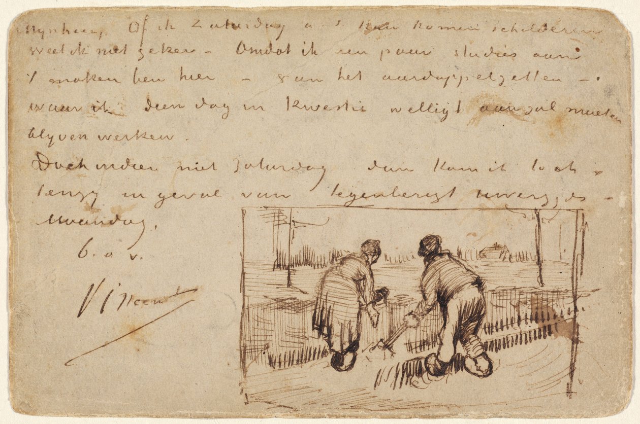 Cartão postal com dois camponeses cavando, 1885. de Vincent van Gogh