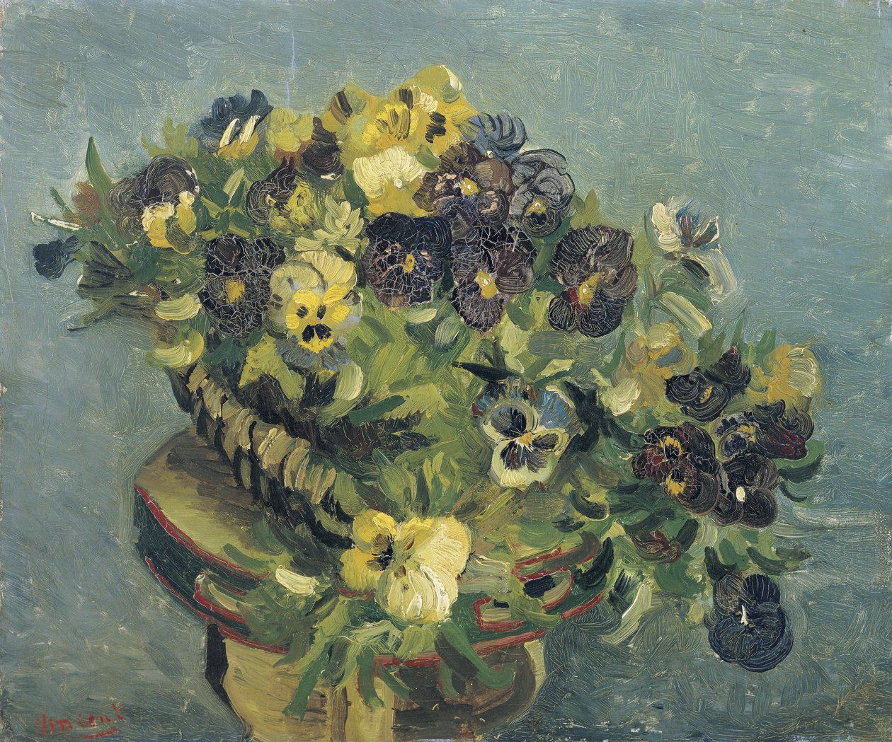 "Pot de pansies sur une petite table" (Cesta de amores-perfeitos sobre uma mesa pequena) Pintura de Vincent van Gogh (1853-1890) 1887 Dim 46x55,5 cm Museu Van Gogh, Amsterdã de Vincent van Gogh