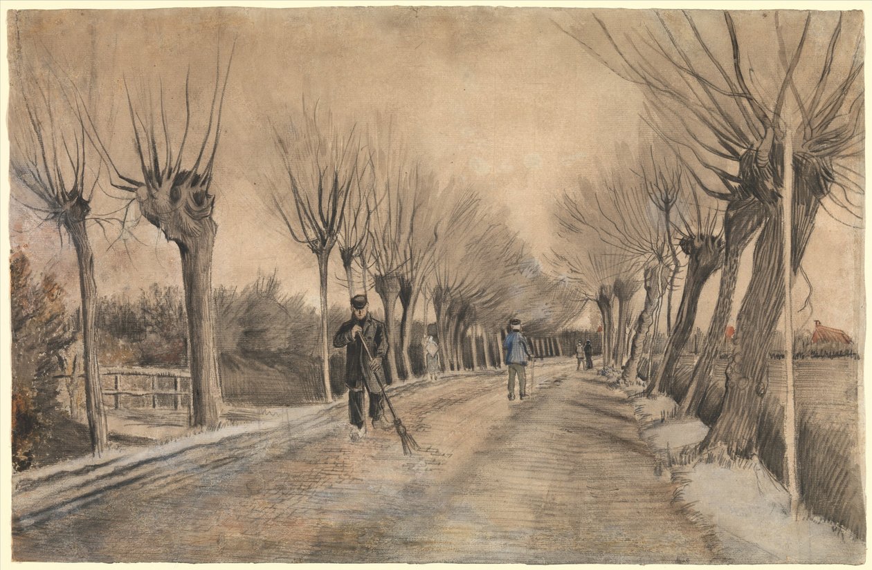 Road in Etten, 1881 (giz, lápis, pastel, wc, caneta e tinta marrom) de Vincent van Gogh