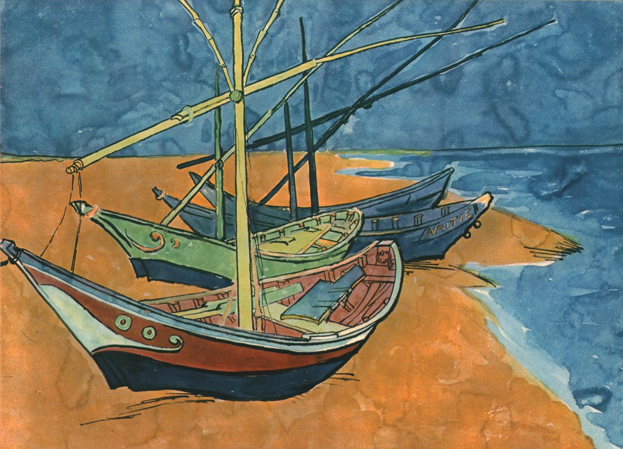 Barcos à vela na praia de Les Saintes-Maries, junho de 1888, 1947. de Vincent van Gogh