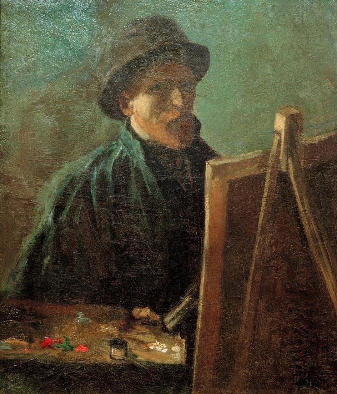Auto-retrato com um chapéu de pele escuro em frente ao cavalete de Vincent van Gogh