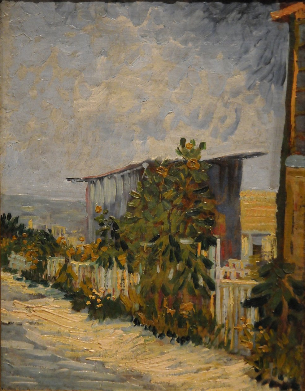 Galpão no Montmartre com girassol, 1887 de Vincent van Gogh