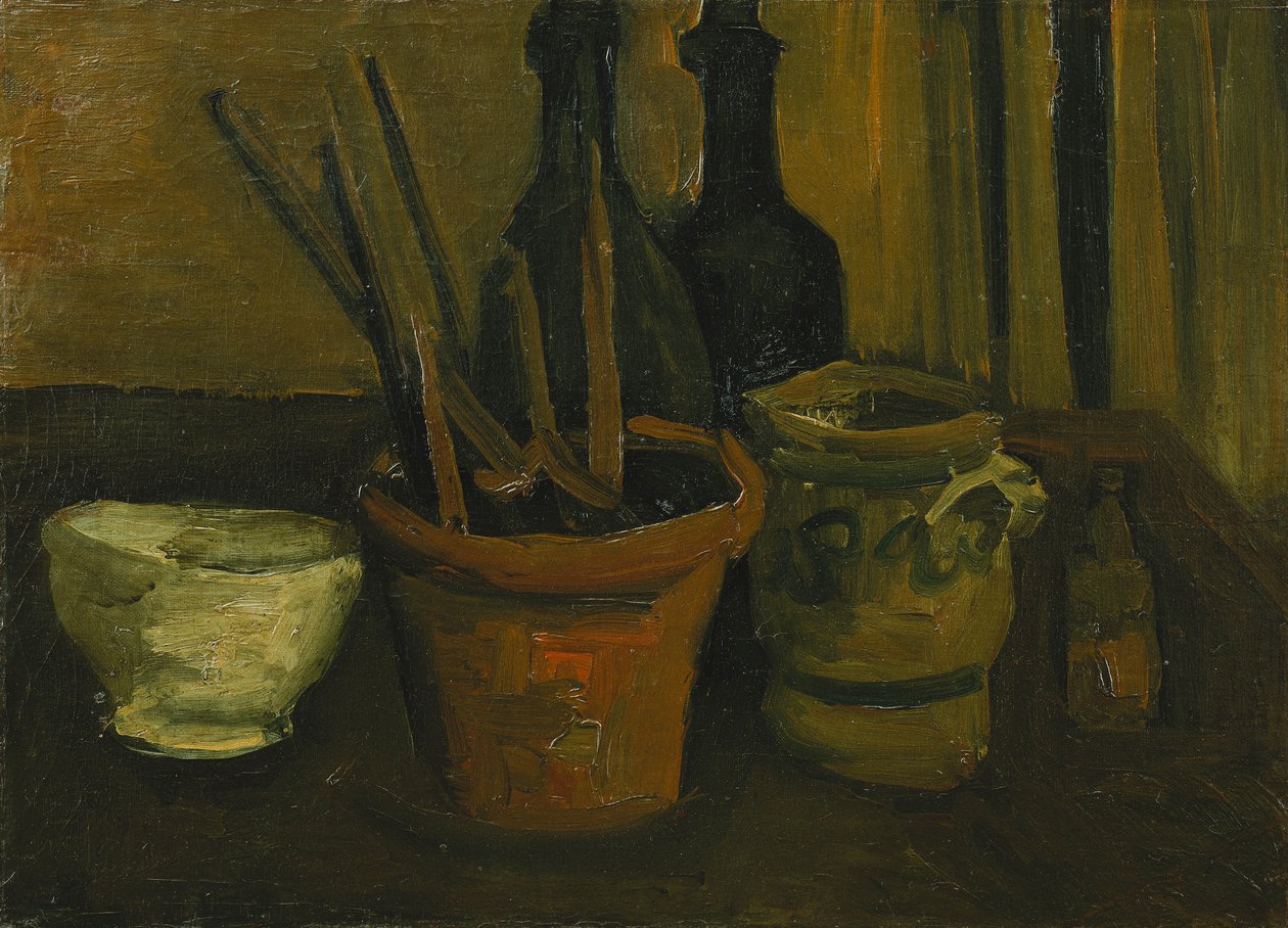 Ainda vida com escovas em um vaso de flores; Natureza morta com escovas em um vaso de flores, 1884 de Vincent van Gogh