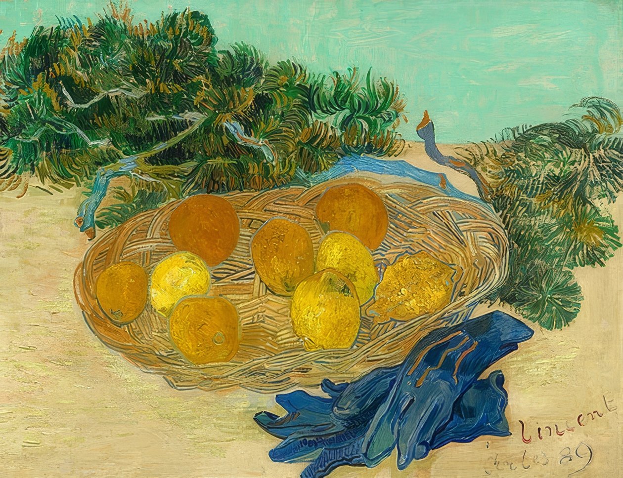 Natureza morta com laranjas, limões e luvas azuis. 1889 de Vincent van Gogh