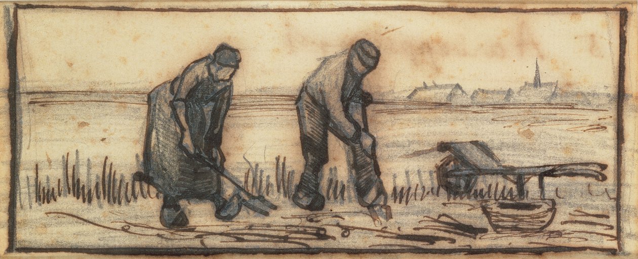The Potato Harvest, de uma série de quatro desenhos representando as quatro estações do ano (lápis, caneta e tinta marrom no papel) (ver também 61643-5) de Vincent van Gogh