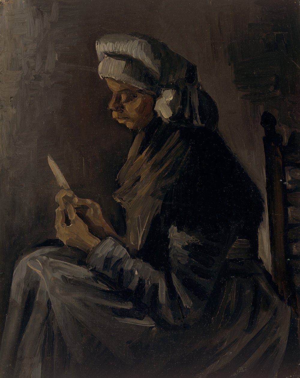 O reverso do descascador de batatas: auto-retrato com um chapéu de palha, 1885. de Vincent van Gogh