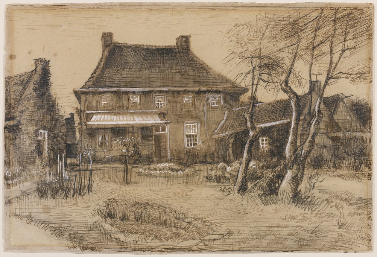 The Vicarage at Neunen: Visto de Costas, com o Estúdio de Artistas à Direita, c.1884 (grafite, caneta e tinta marrom, lavagem marrom, aumentada com branco em papel de capa) de Vincent van Gogh