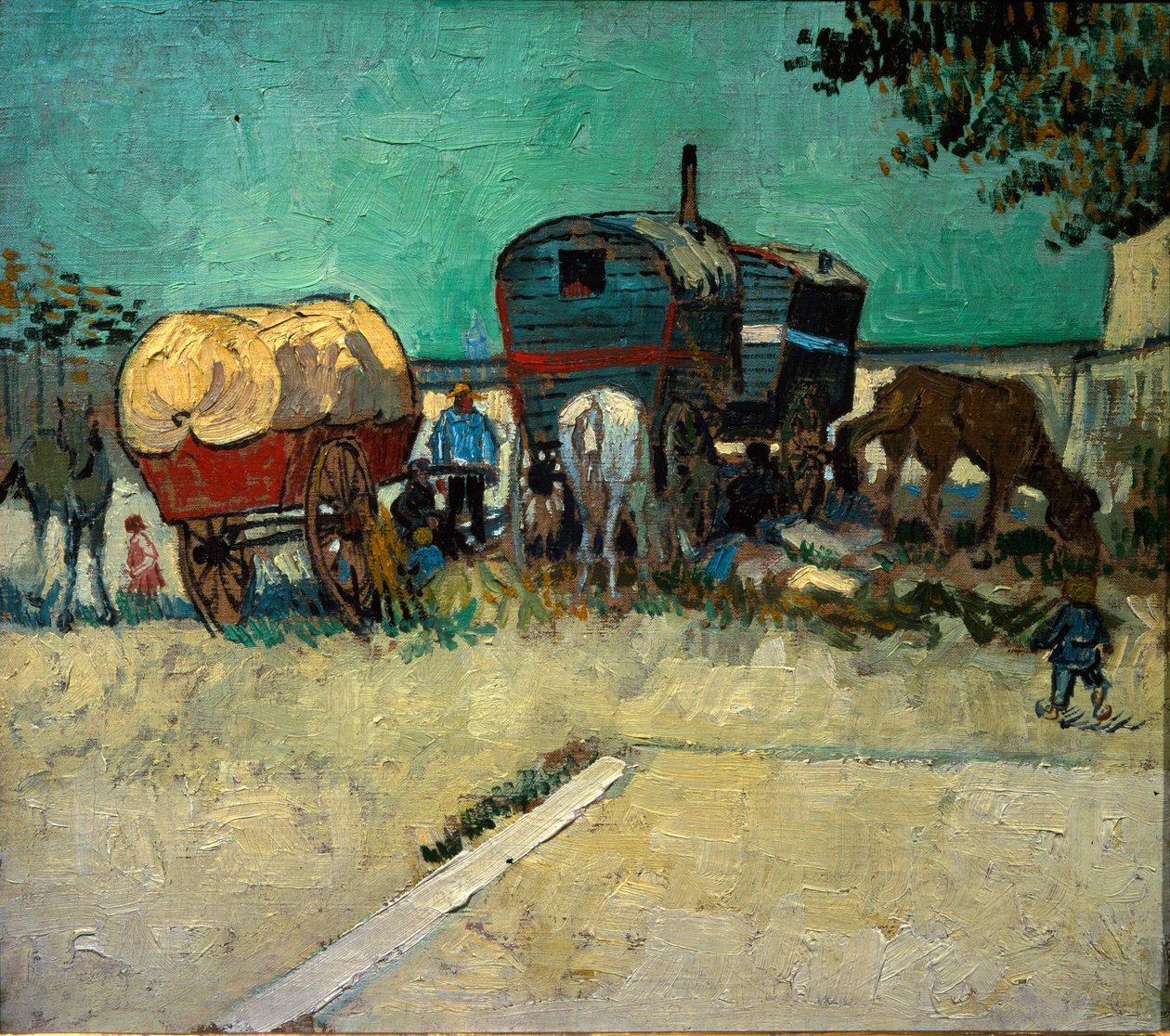 Reboques, acampamento boémio nas proximidades de Arles (Óleo sobre tela de Vincent van Gogh
