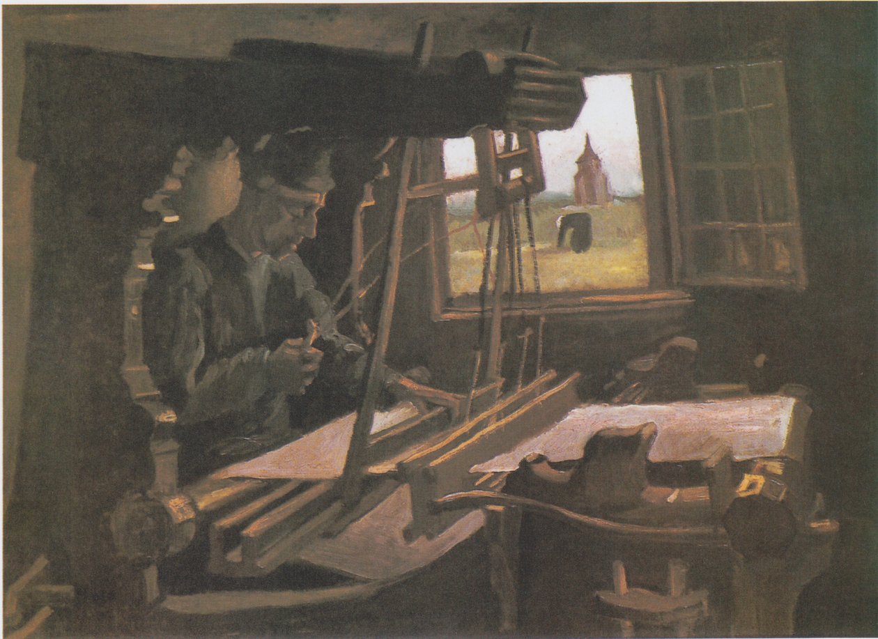 Weber em frente a uma janela aberta com vista para a Torre de Nuenen de Vincent van Gogh