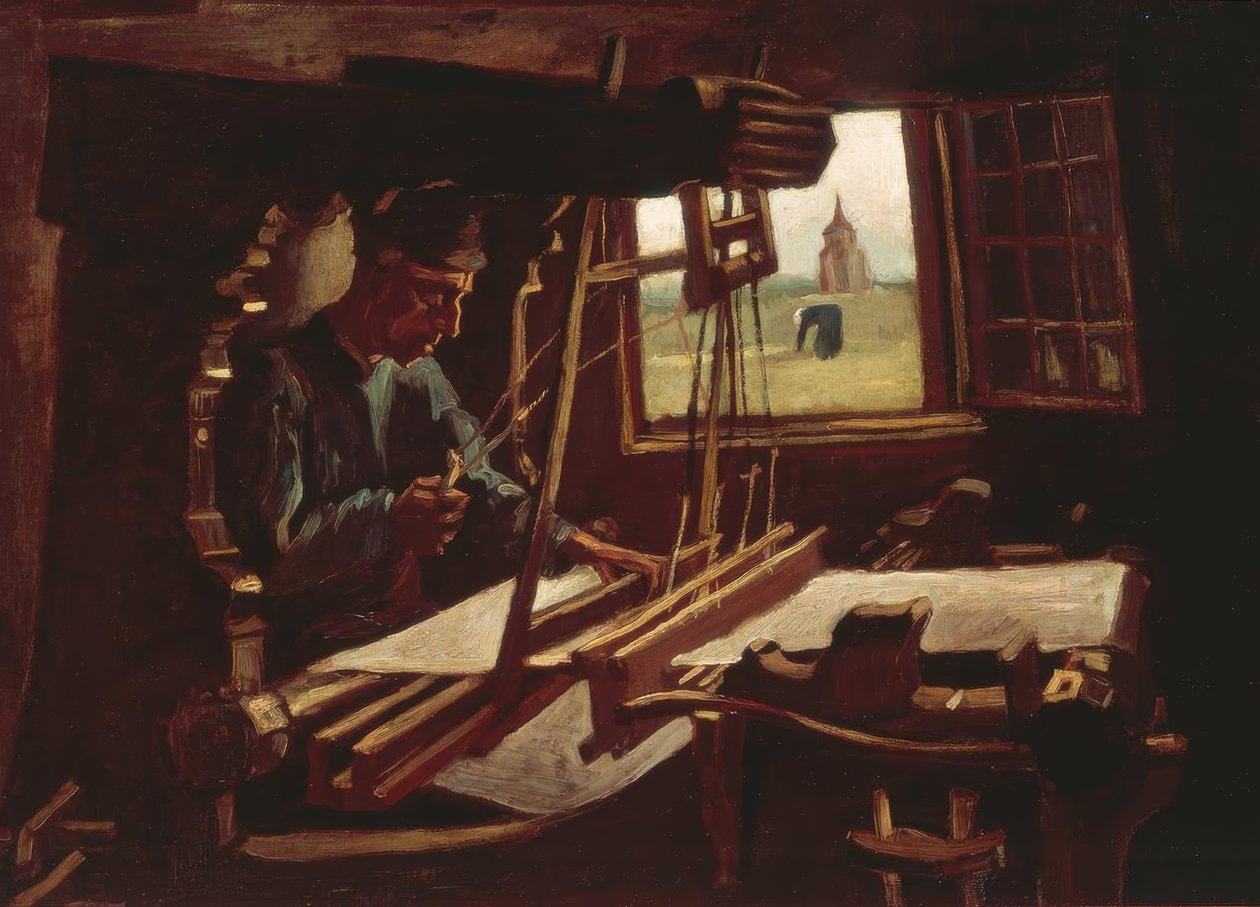 Weber na frente de uma janela aberta com vista para a torre de Nuenen de Vincent van Gogh