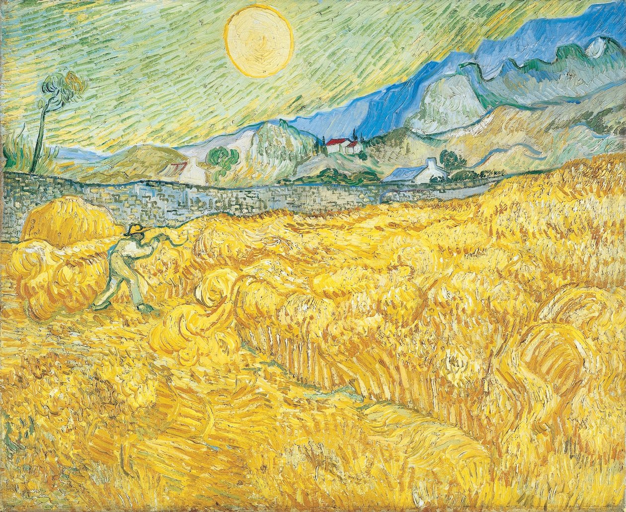 Campo de trigo atrás do Hospital Saint-Paul com uma ceifeira de Vincent van Gogh
