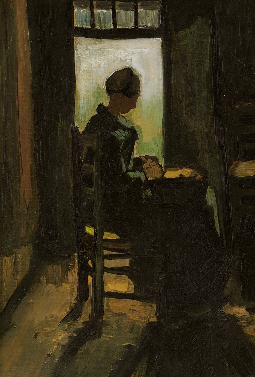 Mulher sentada diante de uma porta aberta, descascando batatas, 1885 de Vincent van Gogh