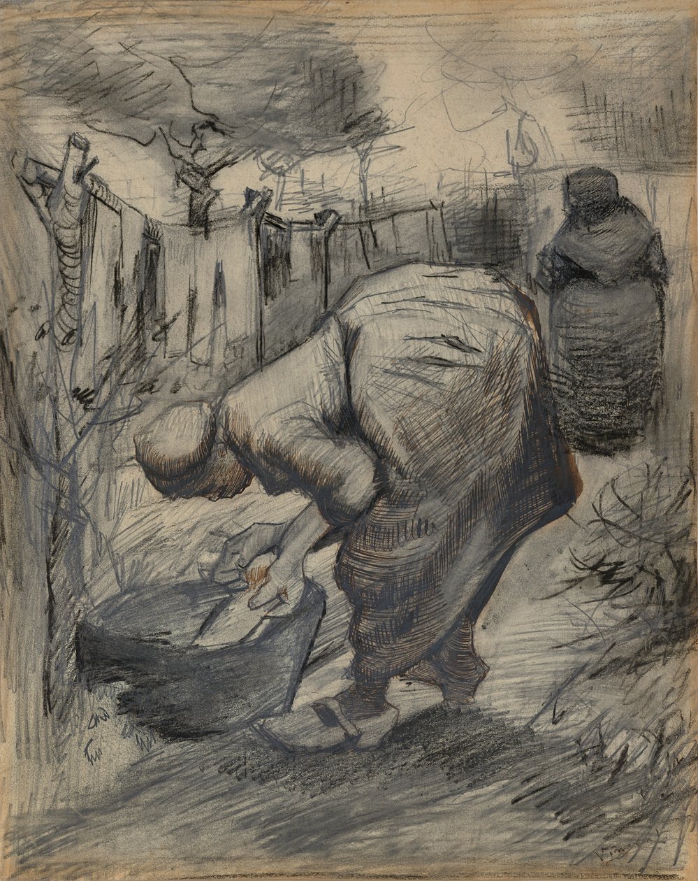 Mulher junto à banheira, num jardim de Vincent van Gogh