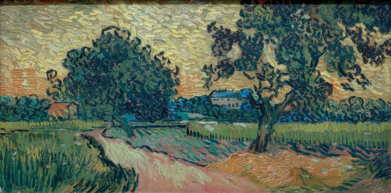 Duas pereiras e o castelo de Auvers (paisagem no de Vincent van Gogh