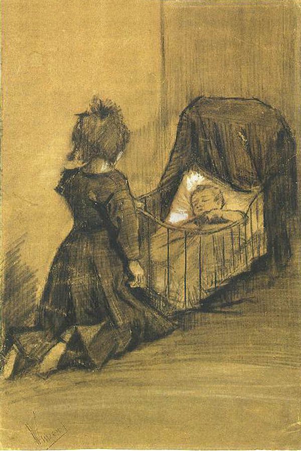 Menina ajoelhada por um berço F 1024 JH 336 de Vincent van Gogh